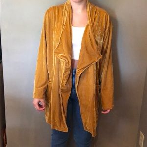 Mustard yellow velvet cardigan.